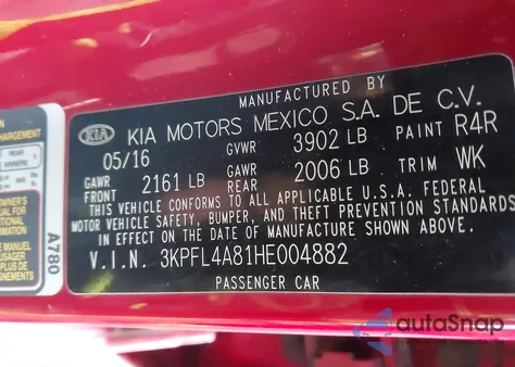 2017 Kia Forte Ex из США, поврежденный, VIN 3KPFL4A81HE004882